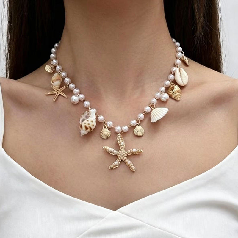 Ocean Shell Starfish Pearl 3-Piece Jewelry Set, Necklace Bracelet Waist Chain Vacation Niche Accessories