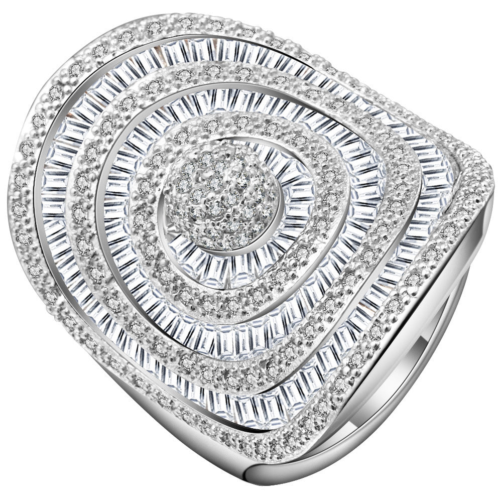 Multi-Layer Baguette Diamond Square Ring, European Royal Heavy Paved Statement Ring for Women