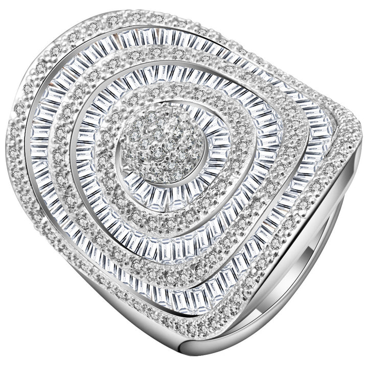 Multi-Layer Baguette Diamond Square Ring, European Royal Heavy Paved Statement Ring for Women