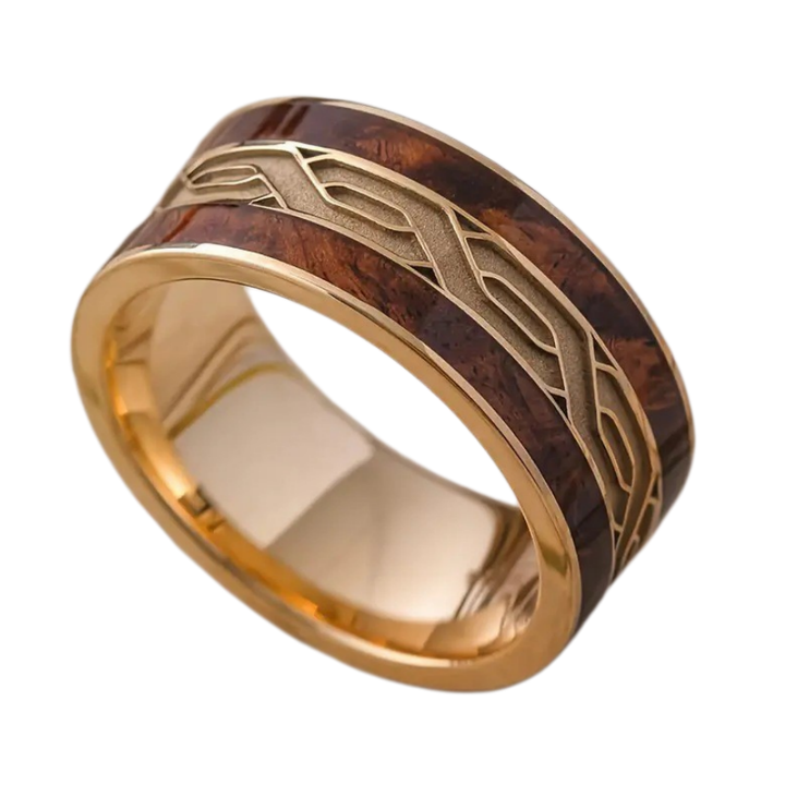 Gold‑Toned Celtic Pattern Wood Inlay Wide Band Ring For Men