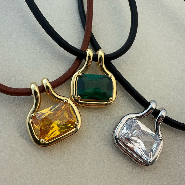 Square Multicolor Diamond Leather Cord Choker Necklace