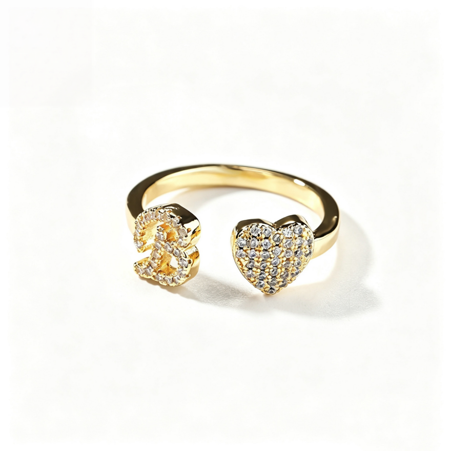 26 Letter Heart S925 Silver Open Ring, Paved Diamond Adjustable Letter Heart Band Available in 3 Tones
