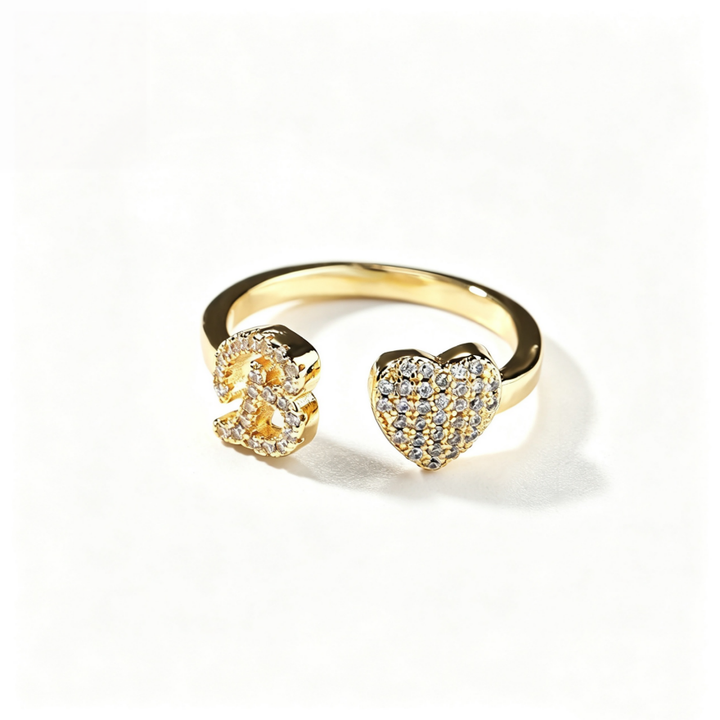 26 Letter Heart S925 Silver Open Ring, Paved Diamond Adjustable Letter Heart Band Available in 3 Tones