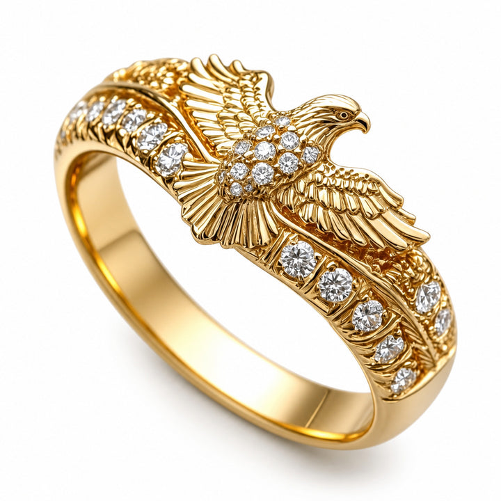 3D Eagle Embossed Pave Diamond Gold-Tone Men’s Wide Ring, Solid S925 Silver Vintage Heavy Eagle Totem Gem Band