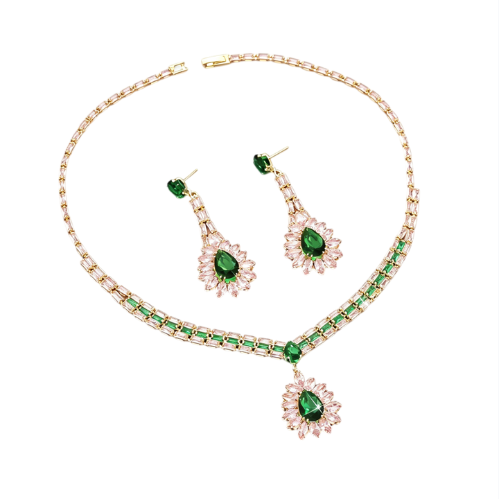 S925 Silver Pink & Green Diamond Necklace and Earring Set, Luxury V-shaped Colored Diamond Jewelry 2-Piece Set for Banquet