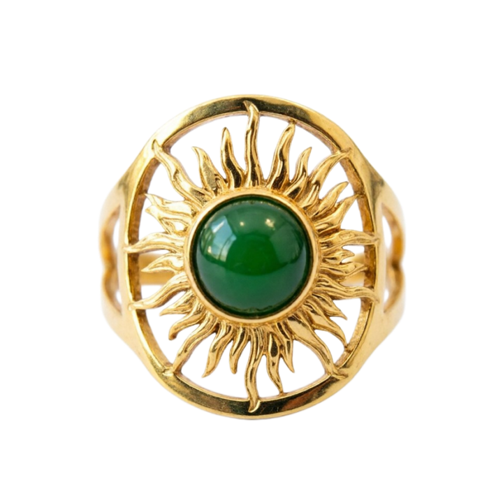 Openwork Sunburst Green Chalcedony Bezel Ring, Solid S925 Silver Gold-Plated Vintage Sun God Unique Band