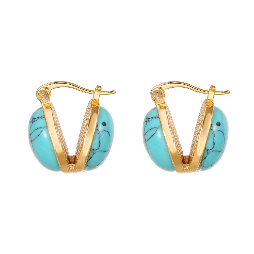 Vintage Veined Turquoise Gold Bezel Hoop Earrings, Two Style Round Cracked Stone Light Luxury Jewelry
