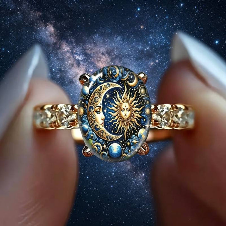 Vintage Sun‑Moon Star Enamel Oval Ring