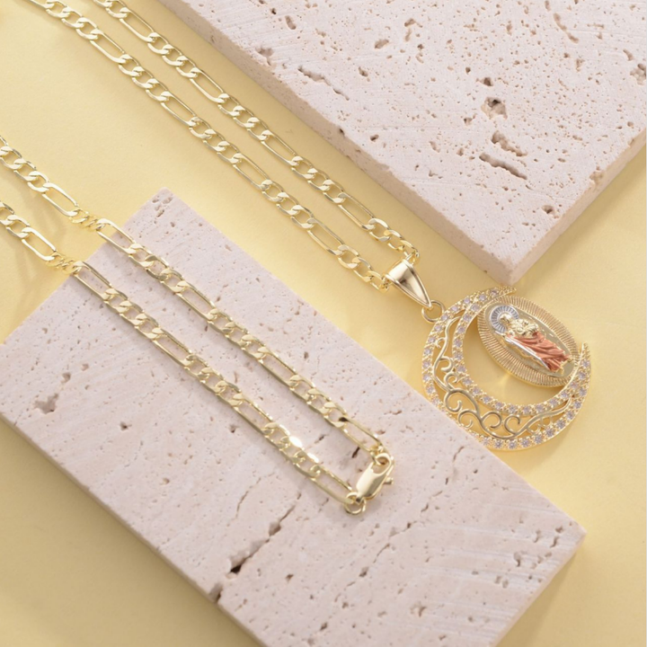 Gold Figaro Chain Necklace With Crescent‑Shaped Saint Enamel Pendant, Multi‑Color Option