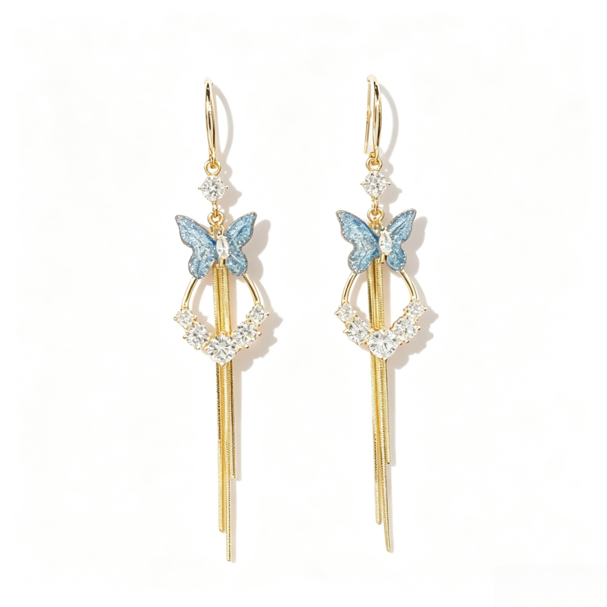 Colorful Butterfly Long Tassel Hook Earrings, Gradient Butterfly Diamond Dangle Earrings, Two Colors Available