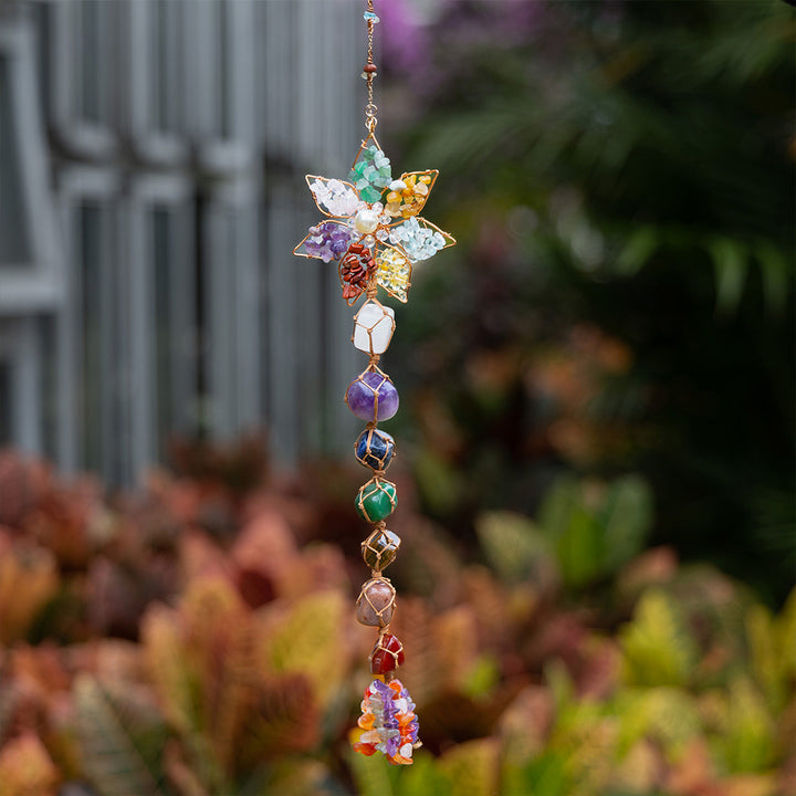 7 Chakra Six-pointed Star Natural Crystal Hanging Ornament, Hand Wire Wrapped Raw Stone Rearview Mirror Pendant Bohemian Home Wall Decor