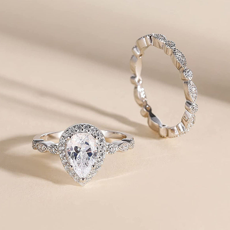 Pear Shape Halo Lace 2Pcs Ring Set, Vintage Openwork Milgrain Stackable Wedding Bands Silver Bridal Engagement Jewelry
