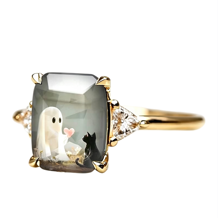 Ghost & Black Cat Square Printed Ring, Silver & Gold Two‑Tone Options