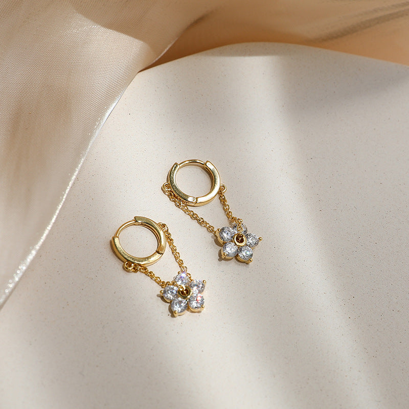 Crystal Flower Chain Huggie Earrings, Dainty 5-Petal Floral Drop Hoops