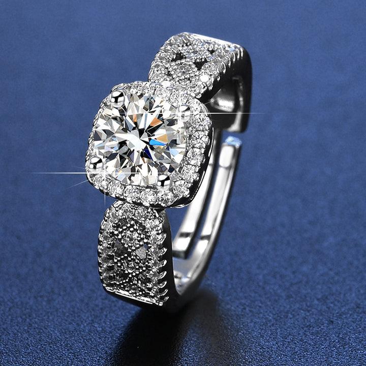 S925 Silver Halo‑Set Diamond Open Ring, Vintage Lace Hollow Engagement Ring for Women