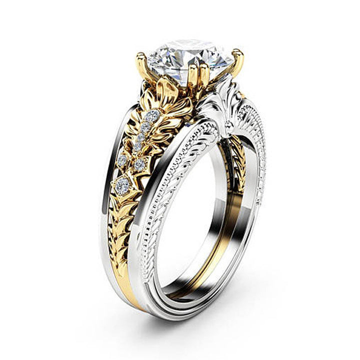 Two-Tone Vintage Floral Engraved Ring, European Relief Round Diamond Gothic Statement Band For Women