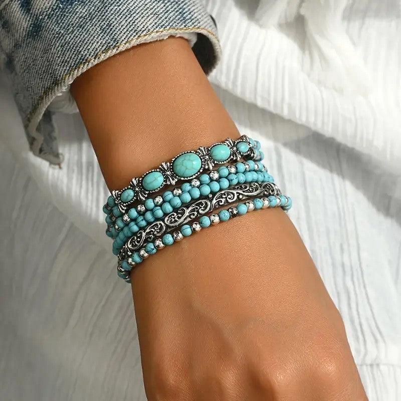 Bohemian Turquoise Multi-Layer Bracelet Set, Vintage Antique Silver Ethnic Stackable Beaded Bracelets, Women Vacation Jewelry