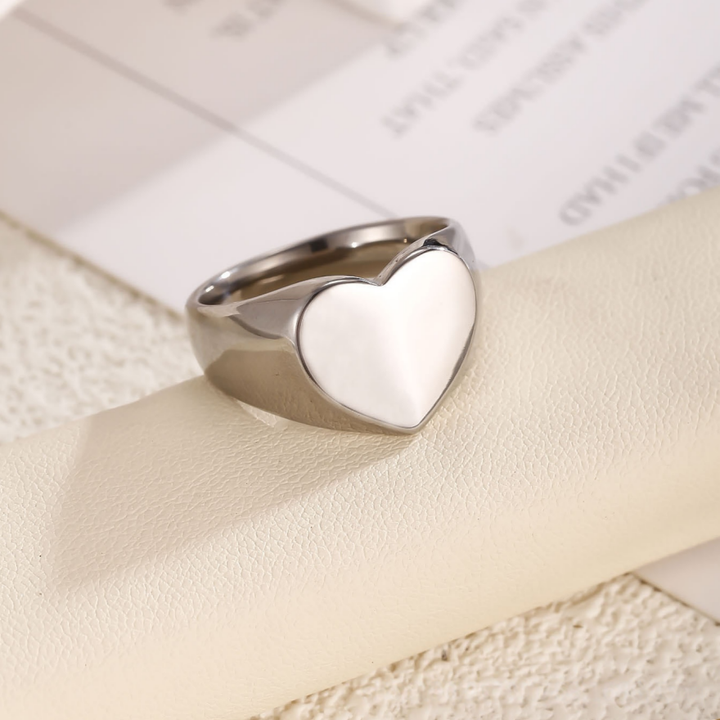 Polished Heart Signet S925 silver Ring, Silver & Gold Solid Heart Wide Band Ring