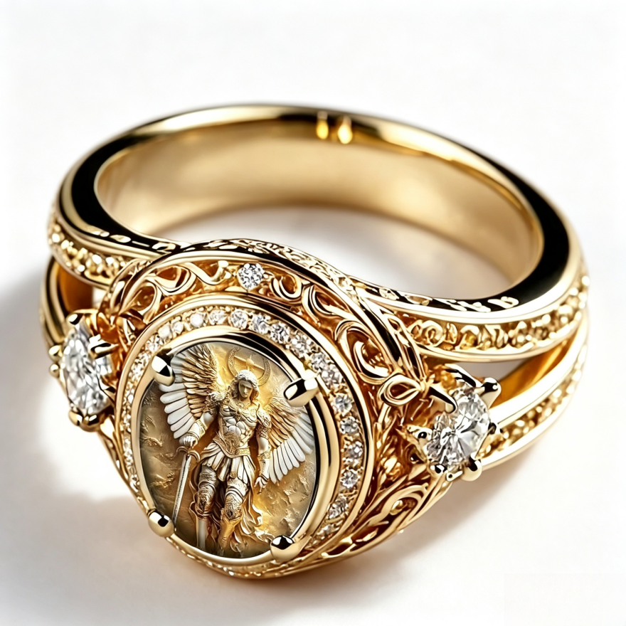 Vintage Embossed Angel Paved Crystal Heavy Signet Ring, S925 Silver Gold Plated Luxury Retro Wide Band For Men