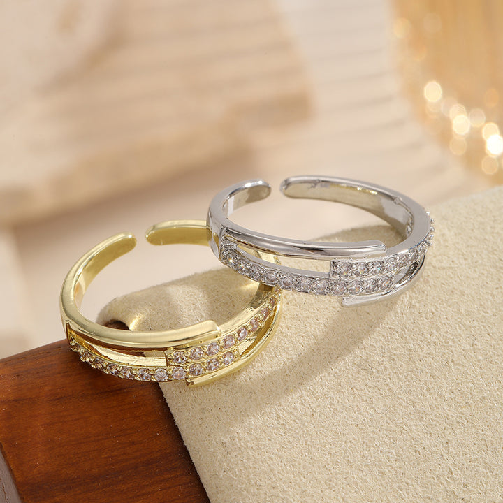 Double Layer Pave Cross Open Ring (2 Colors Delicate Adjustable Band)