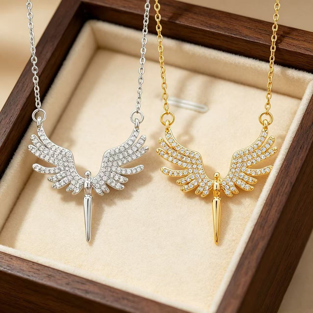 Pave‑Set Angel Wing Cone Pendant Necklace, Gold & Silver Two‑Tone Options