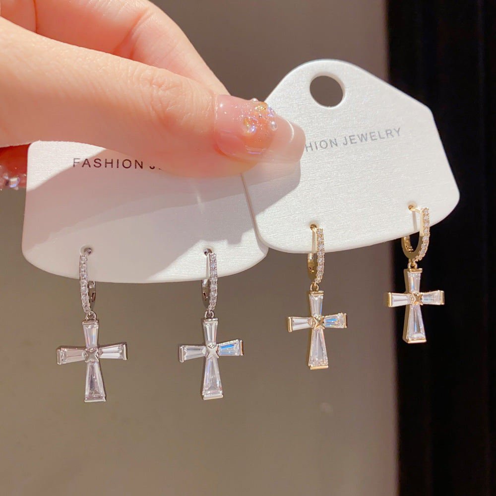 S925 Silver Cross Huggie Earrings, Minimalist Tapered Baguette Diamond Cross Drop Earrings in Gold & Silver
