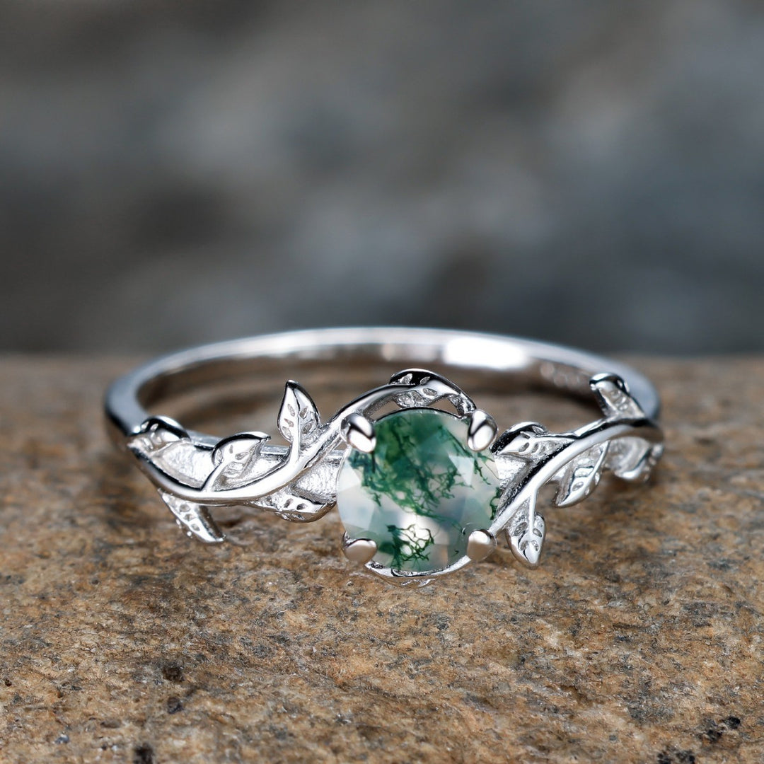 Vine & Moss Agate Nature-inspired Ring, Vintage Silver Tone Green Gemstone Band