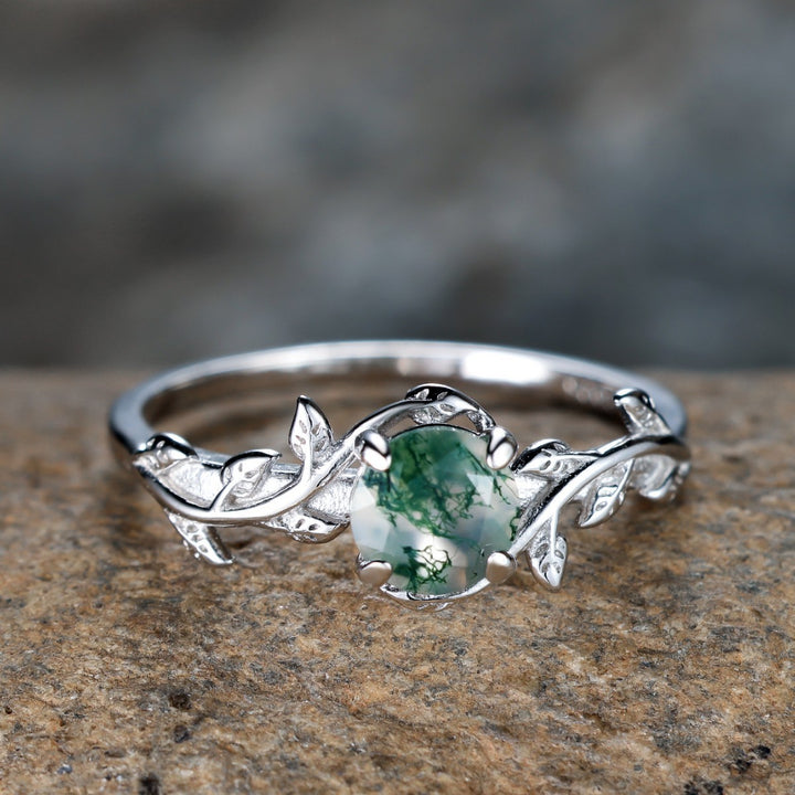 Vine & Moss Agate Nature-inspired Ring, Vintage Silver Tone Green Gemstone Band