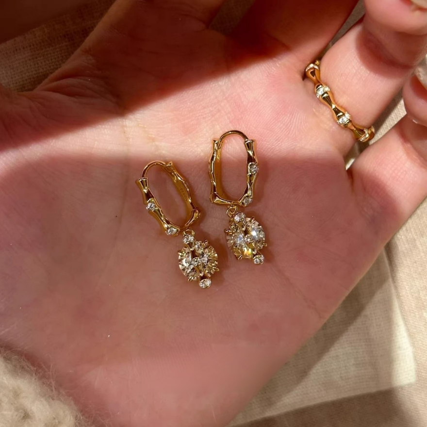 S925 Silver Bamboo Knot Huggie Earrings with Round Diamond Charms, Vintage Gold Drop Earrings