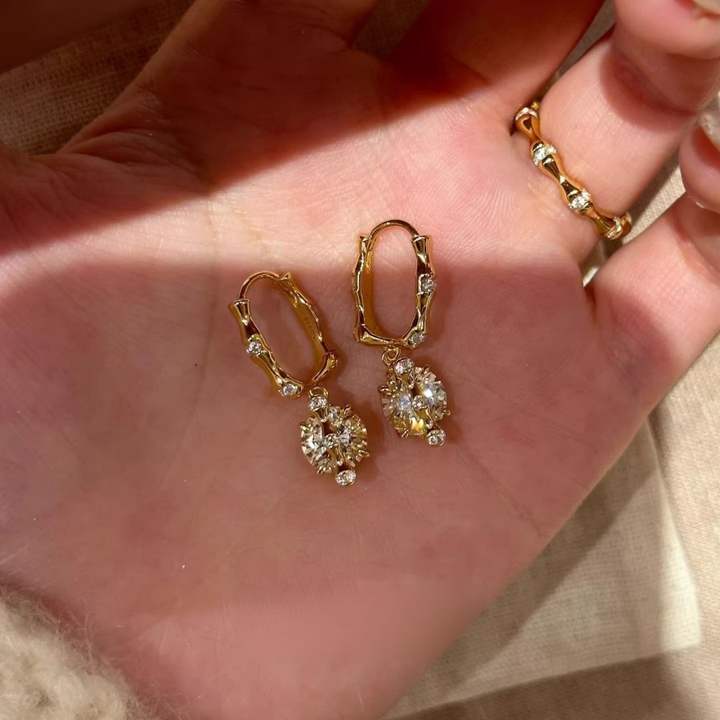 S925 Silver Bamboo Knot Huggie Earrings with Round Diamond Charms, Vintage Gold Drop Earrings