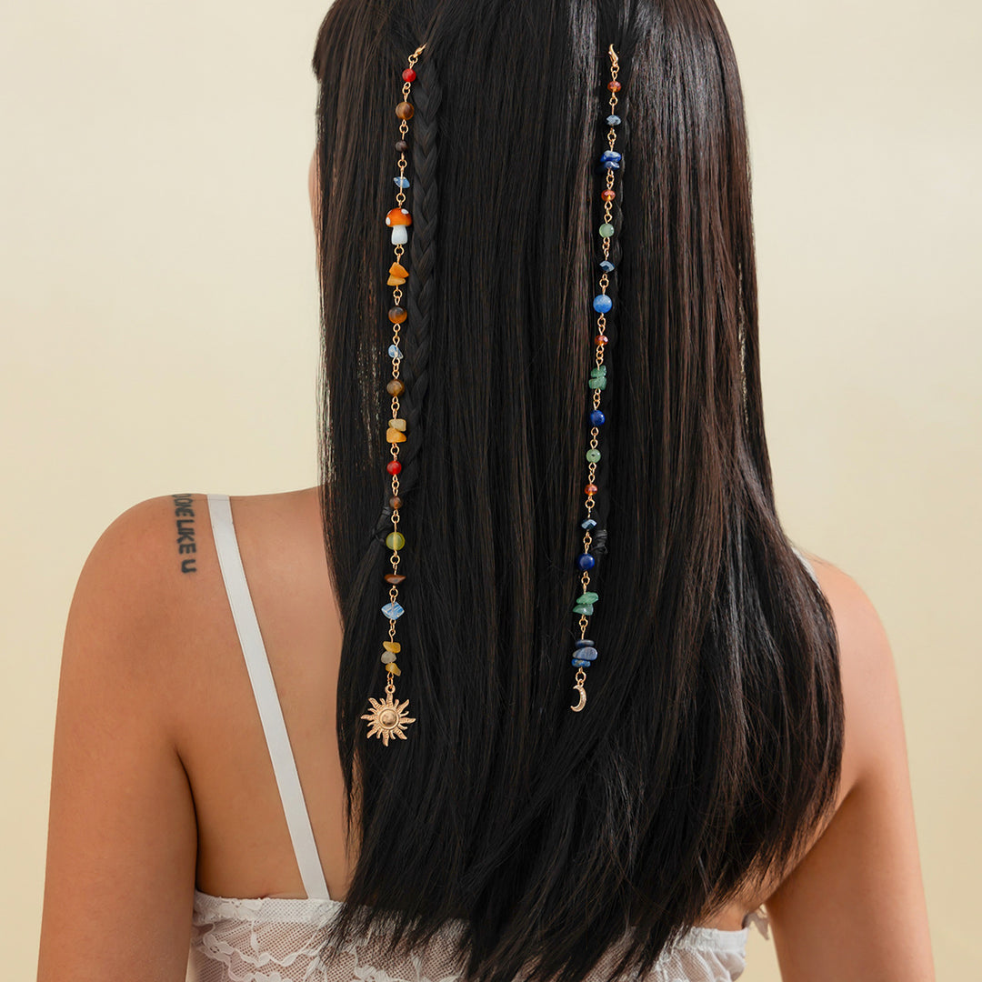Chakra Natural Stone Sun & Moon Tassel Hair Chain, Bohemian Handmade Beaded Hair Accessory