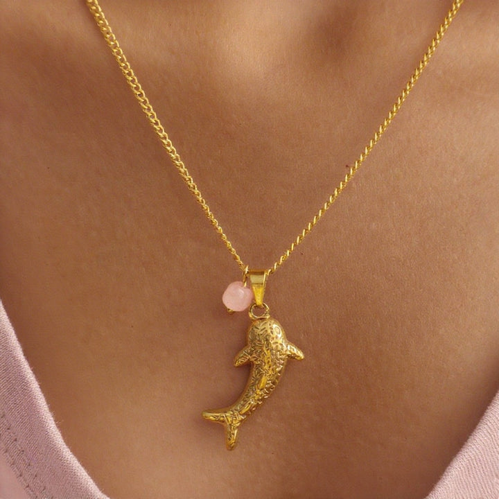 Textured Dolphin Natural Jade Collarbone Necklace, Pink Quartz & Green Aventurine, Gold & Silver Two-Tone Ocean Style Thin Chain