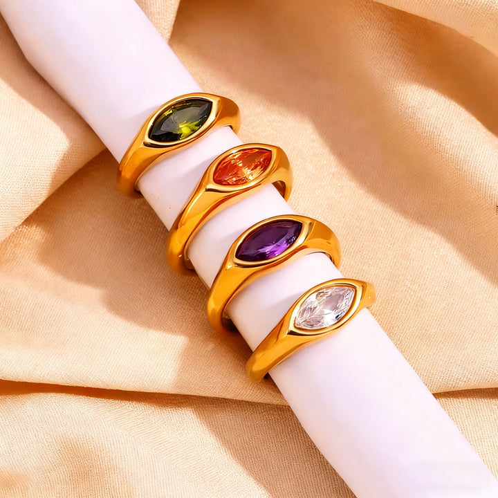Marquise‑Cut Colored Gemstone Bezel‑Set Wide‑Band Gold‑Plated S925 Sterling Silver Ring, Multi‑Colors Available