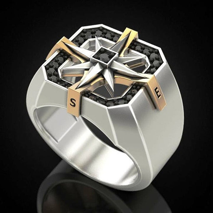 Two-Tone Compass Star Men's Ring, Vintage Contrast North Star Signet Ring, American Workwear Style Band