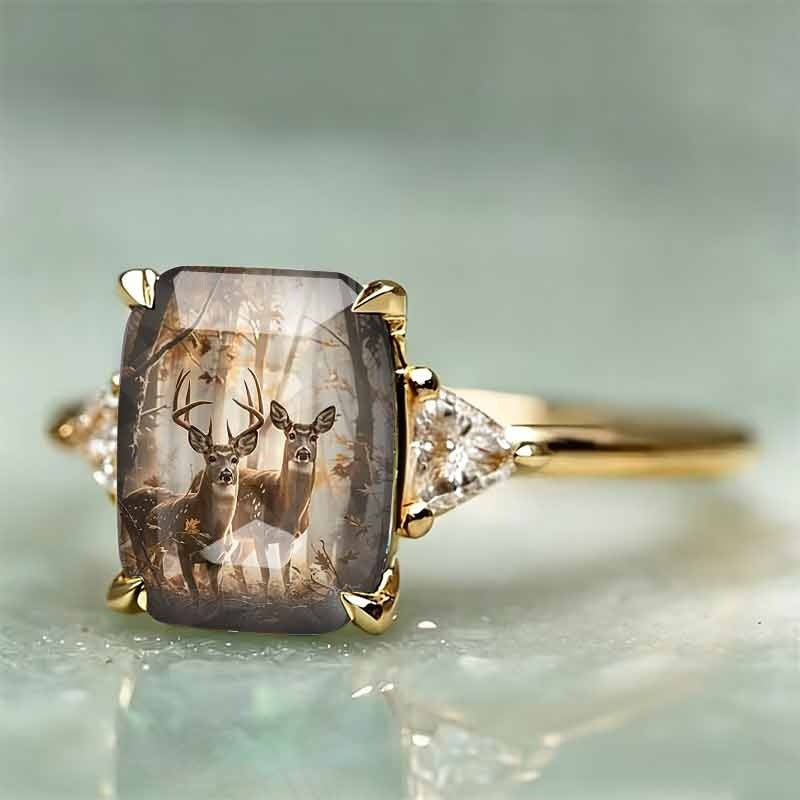 S925 Silver Square Forest‑Deer Pattern Center Stone Ring, Women Slim Band Accented With Trillion‑Cut Diamond