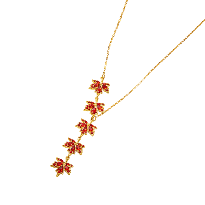 Red Diamond Maple Leaf Jewelry Set (Necklace + Bracelet + Hoop Earrings)