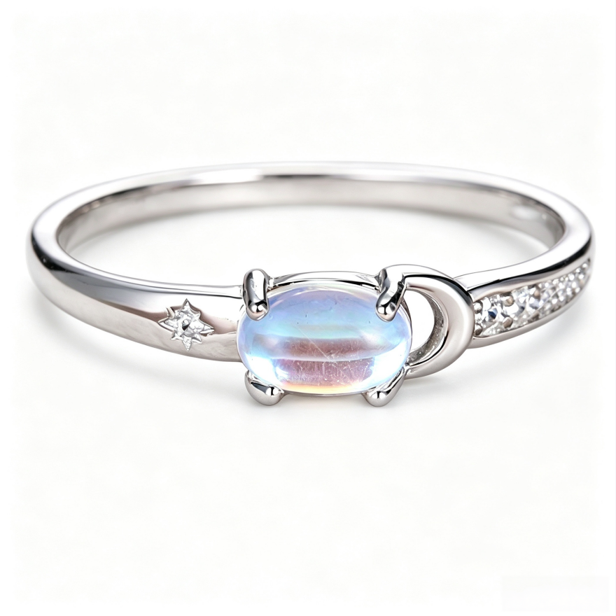 Moon‑Star Oval Iridescent Moonstone Thin‑Band Ring