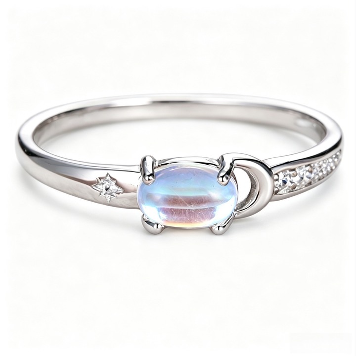 Moon‑Star Oval Iridescent Moonstone Thin‑Band Ring