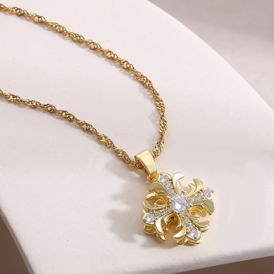 Vintage Carved Cross S925 Silver Necklace, Palace Style 3D Diamond Inlaid Pendant, Gold & Silver Two-Tone Twist Chain Necklace