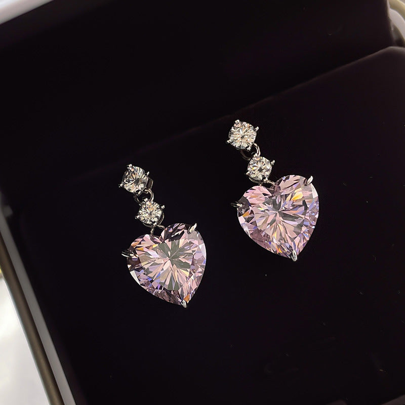 3-Stone Heart Diamond Dangle S925 Silver Stud Earrings, Multi-color Heart Cut Main Stone Luxury Earrings