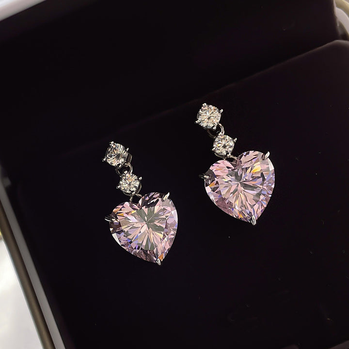 3-Stone Heart Diamond Dangle S925 Silver Stud Earrings, Multi-color Heart Cut Main Stone Luxury Earrings