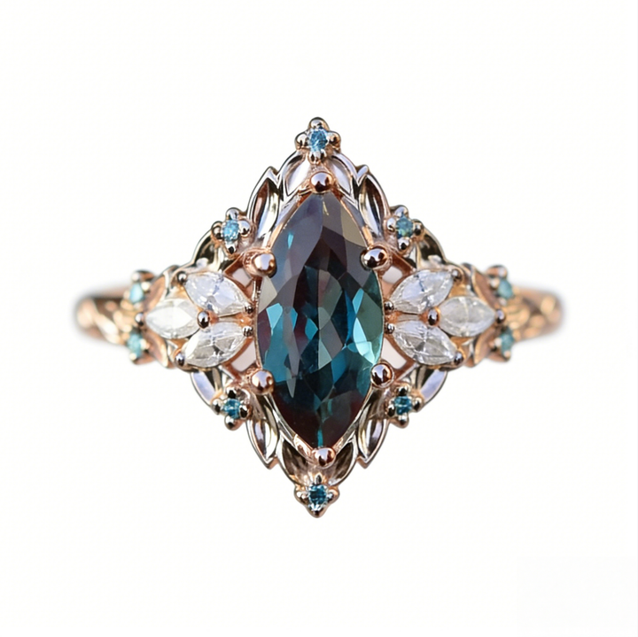 Marquise Cut Iridescent Gem Filigree Ring (Vintage Royal High-End Band)