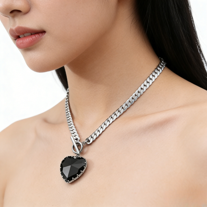 Large Heart Gemstone OT Clasp Cuban Link Necklace (Goth Sweet & Edgy Choker)