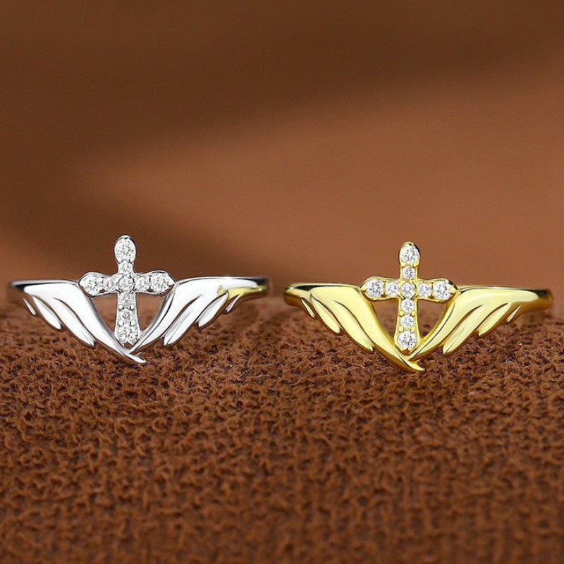 S925 Silver Angel Wing Diamond‑Set Cross Ring, Two‑Tone Faith‑Inspired Ring for Women