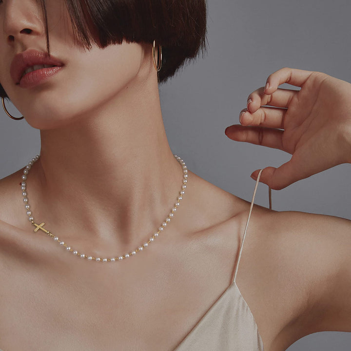 Pearl & Cross Necklace & Bracelet Set (Light Luxury Minimalist Elegance Style)