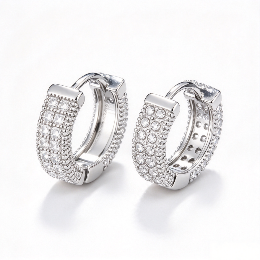 Paved Wide C-shaped S925 Silver Hoop Earrings, Gold & Silver Two-Tone Paved Diamond Ear Buckles