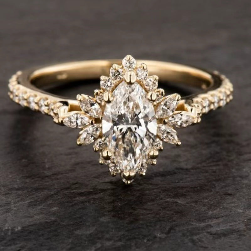Marquise Diamond Sunflower Halo S925 Silver Ring, Vintage Paved Women Engagement Ring