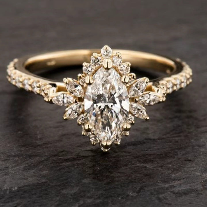 Marquise Diamond Sunflower Halo S925 Silver Ring, Vintage Paved Women Engagement Ring
