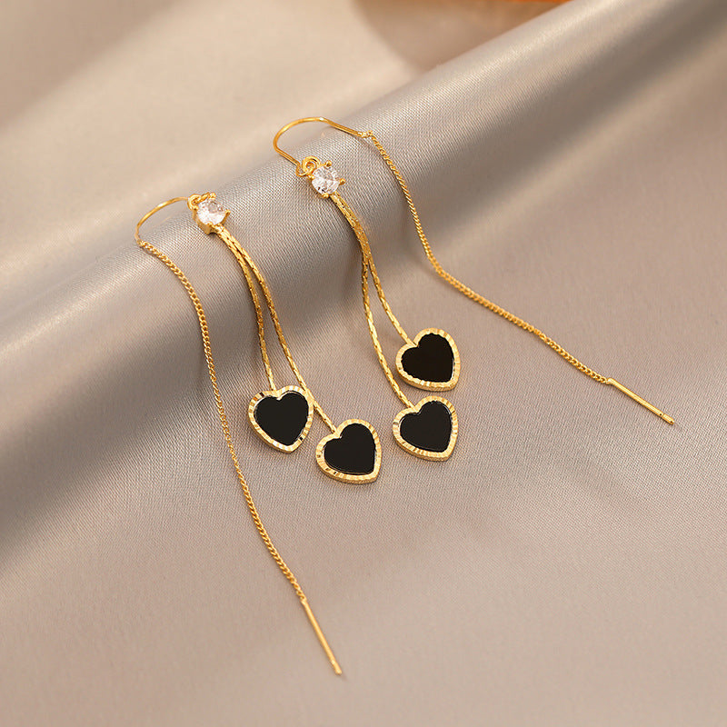 Double Black Heart Tassel Threader Earrings (Luxury Sweet & Edgy Earrings)