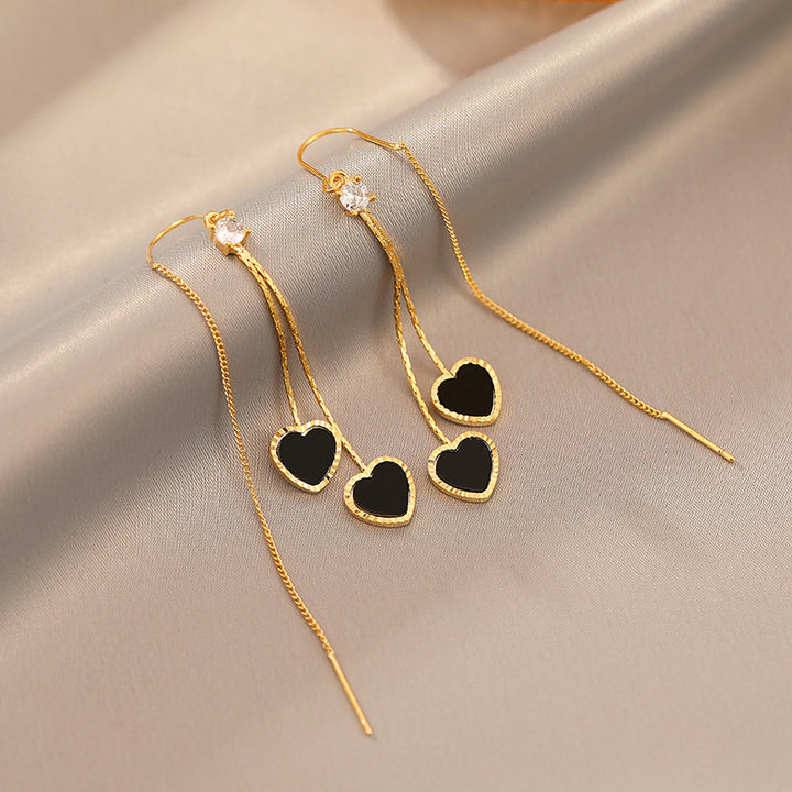 Double Black Heart Tassel Threader Earrings (Luxury Sweet & Edgy Earrings)